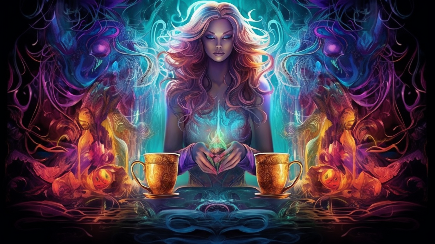 an image showcasing the Tarot card "Temperance." Depict an ethereal figure pouring water from one cup into another with grace and balance. Surround them with vibrant hues and symbols representing harmony and equilibrium.