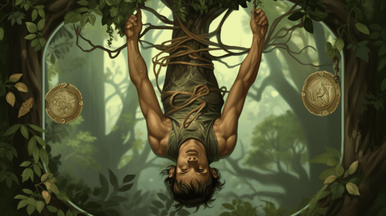 an image showcasing the enigmatic Card 12: The Hanged Man. Depict a serene figure suspended upside down from a gnarled tree branch, their face calm and contemplative amidst a backdrop of lush greenery.
