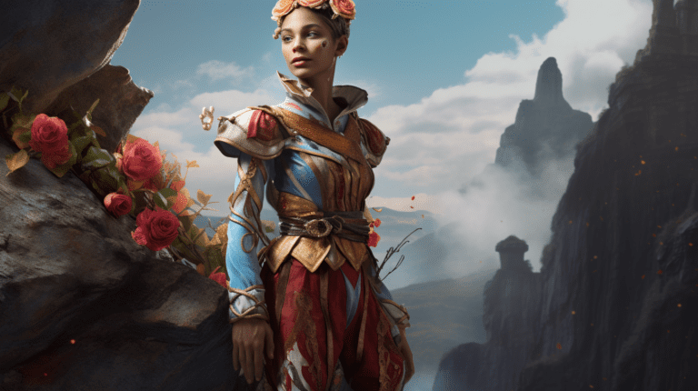 an image showcasing the essence of Card 0: The Fool. Capture a figure standing at the edge of a cliff, adorned with colorful garments, holding a single white rose, and wearing an expression of both innocence and curiosity.