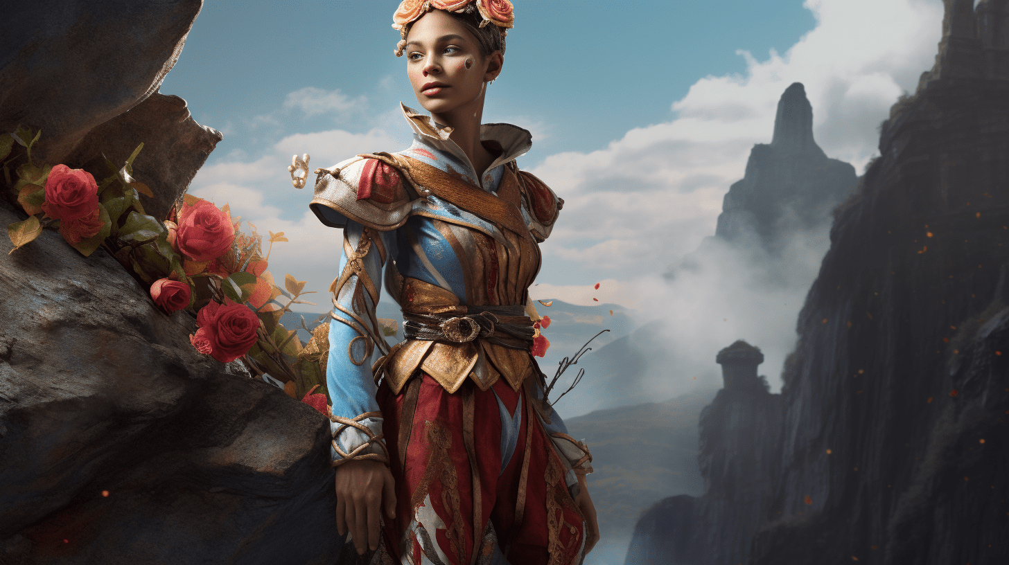 an image showcasing the essence of Card 0: The Fool. Capture a figure standing at the edge of a cliff, adorned with colorful garments, holding a single white rose, and wearing an expression of both innocence and curiosity.