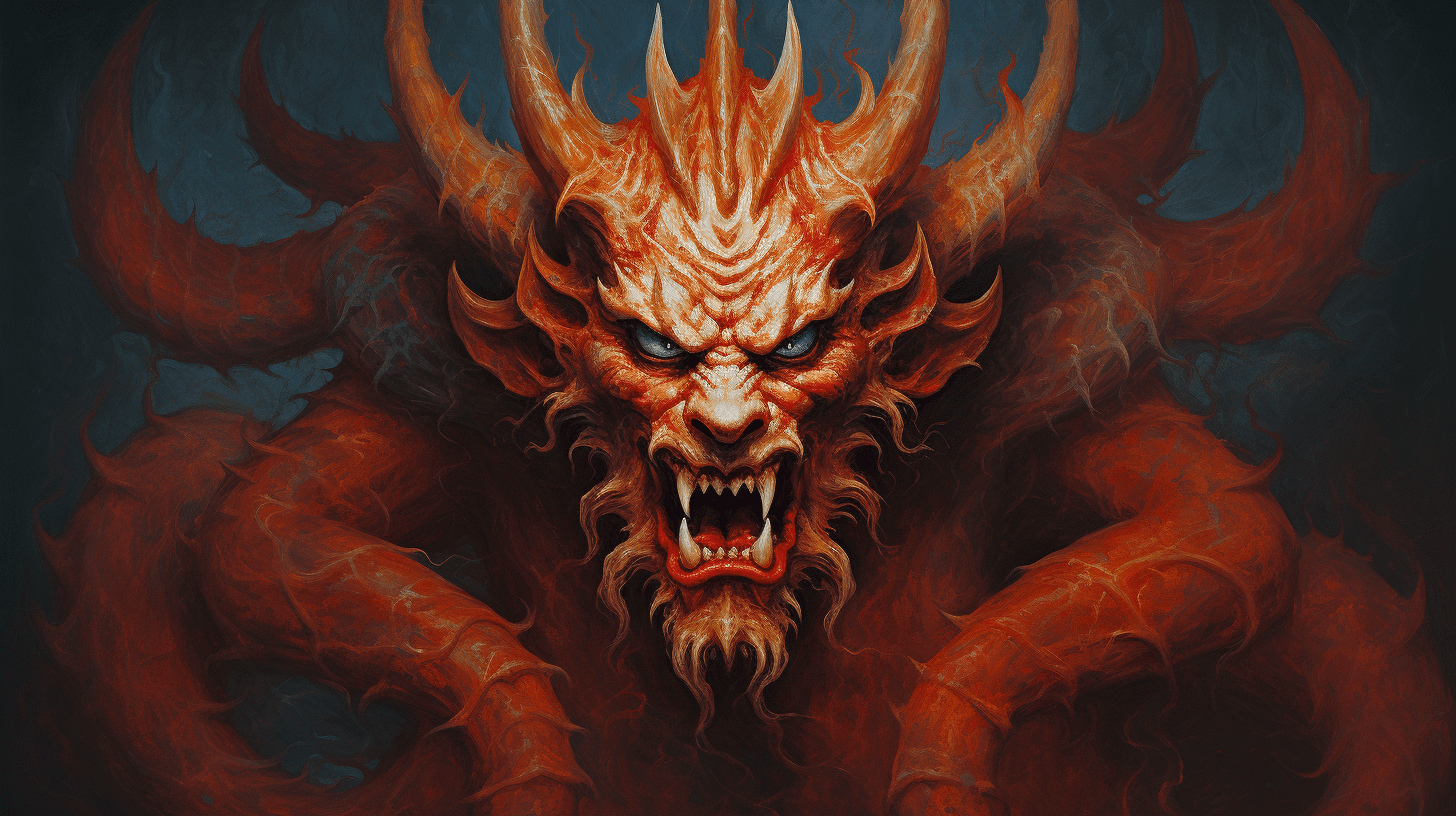 an image showcasing the intricate brushstrokes and vivid colors of a captivating painting of "The Devil." Focus on the mesmerizing details, such as the sinewy muscles, piercing eyes, and fiery background, all revealed through expertly executed artistry.