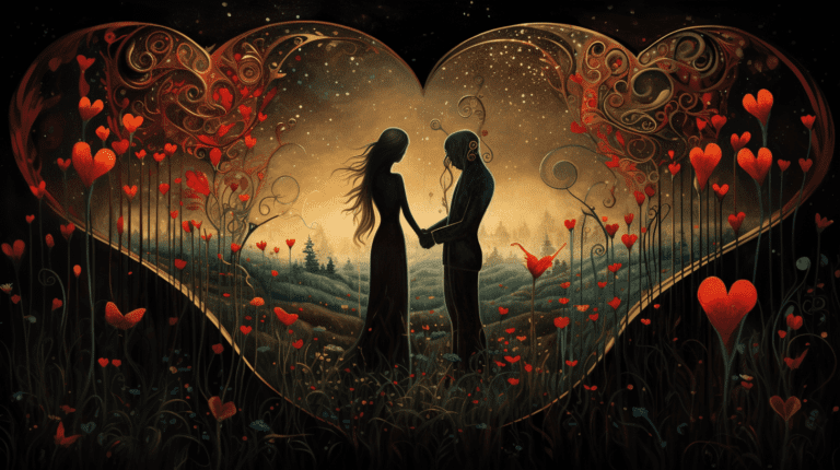 an image showcasing the profound meaning behind Card 6: The Lovers. Illustrate two interconnected figures surrounded by a harmonious garden, symbolizing love, choices, and the balance between heart and mind.