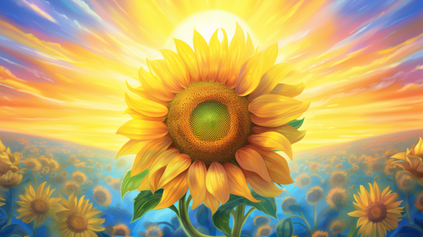 an image showcasing the vibrant energy of The Sun Card. Depict a radiant sun at the center, casting a warm glow over a lush field of blooming sunflowers, with rays of light extending outward into a clear blue sky.