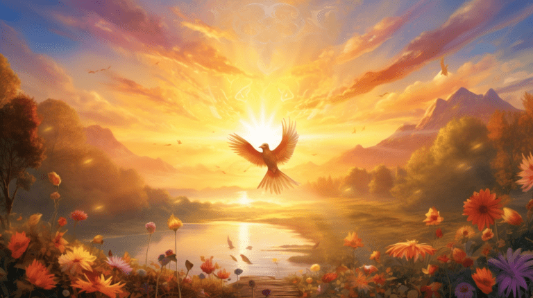 an image showcasing the vibrant essence of Card 19: The Sun. A radiant sunburst illuminates a serene landscape, casting golden rays upon a tranquil meadow, blooming with colorful flowers, while birds soar joyfully in the clear blue sky.