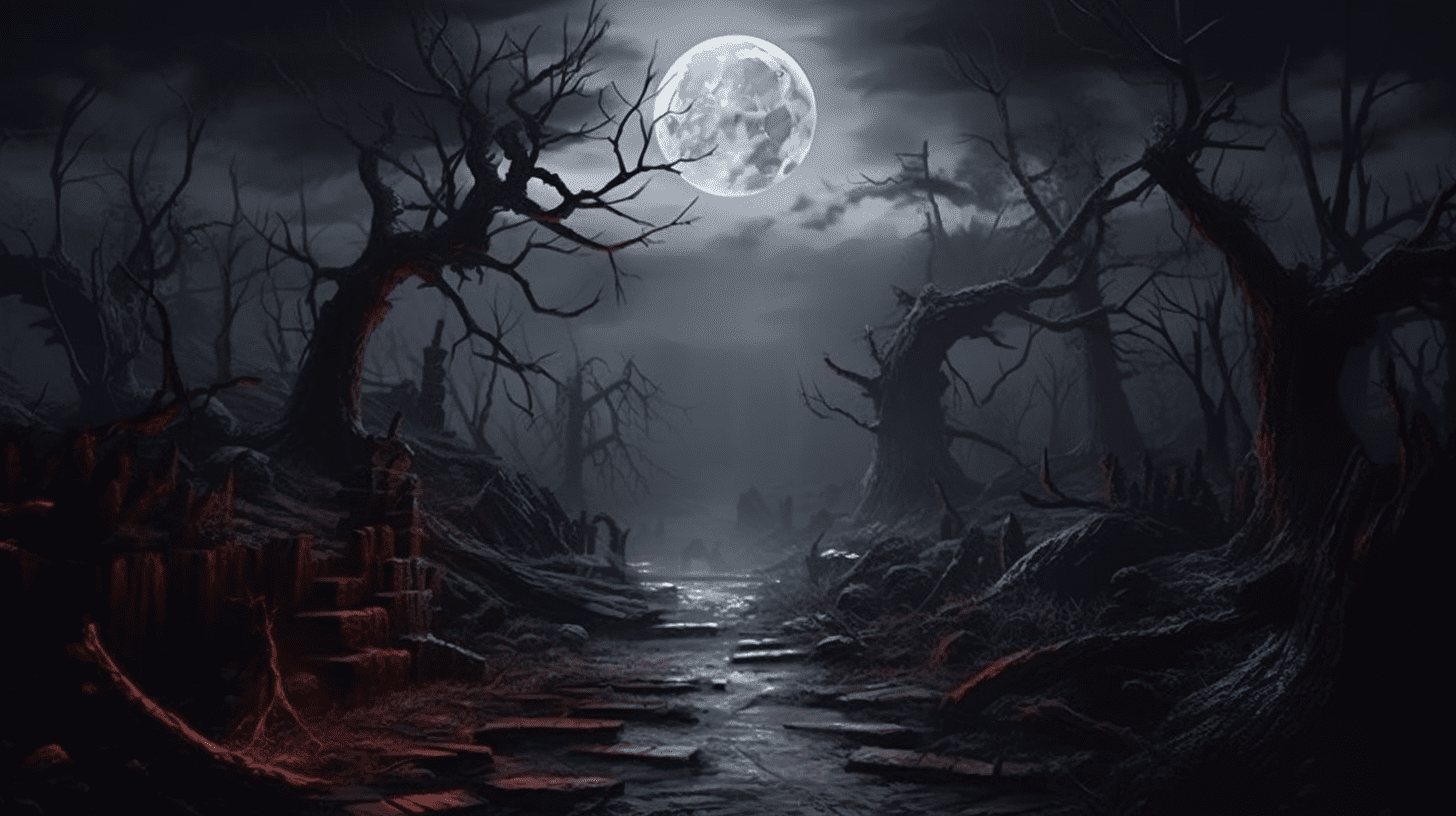 an image that captures the enigmatic essence of Card 18: The Moon. Depict a mysterious night scene with a full moon casting an eerie glow, illuminating a winding path shrouded in shadows, evoking curiosity and intrigue.