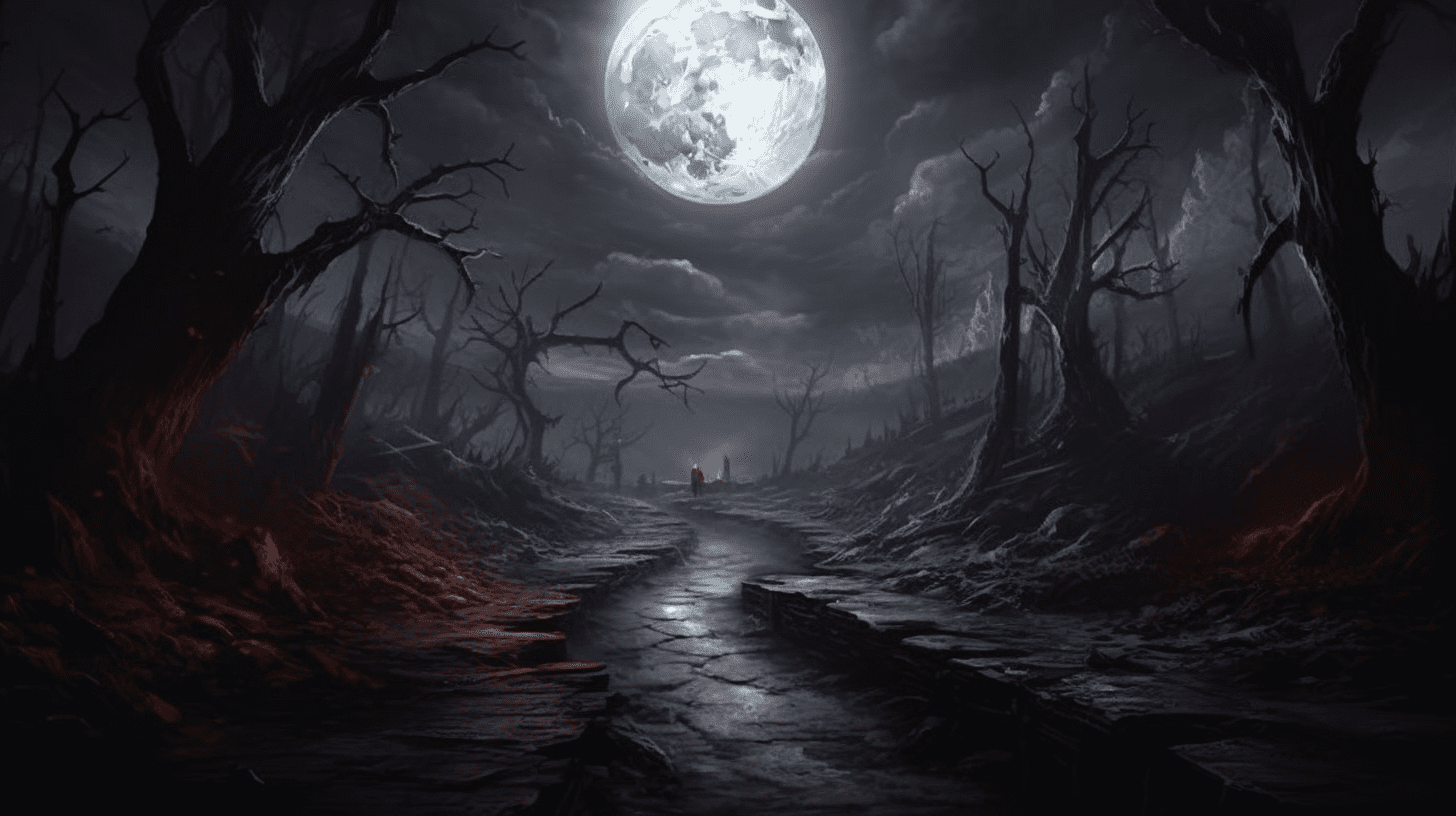 an image that captures the enigmatic essence of Card 18: The Moon. Depict a mysterious night scene with a full moon casting an eerie glow, illuminating a winding path shrouded in shadows, evoking curiosity and intrigue.