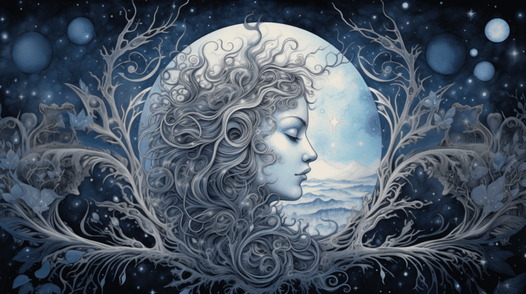 an image that depicts Card 18: The Moon in intricate detail, capturing the mystique and ethereal nature of the moon. Use contrasting shades of blue and silver to evoke a sense of tranquility and enchantment.