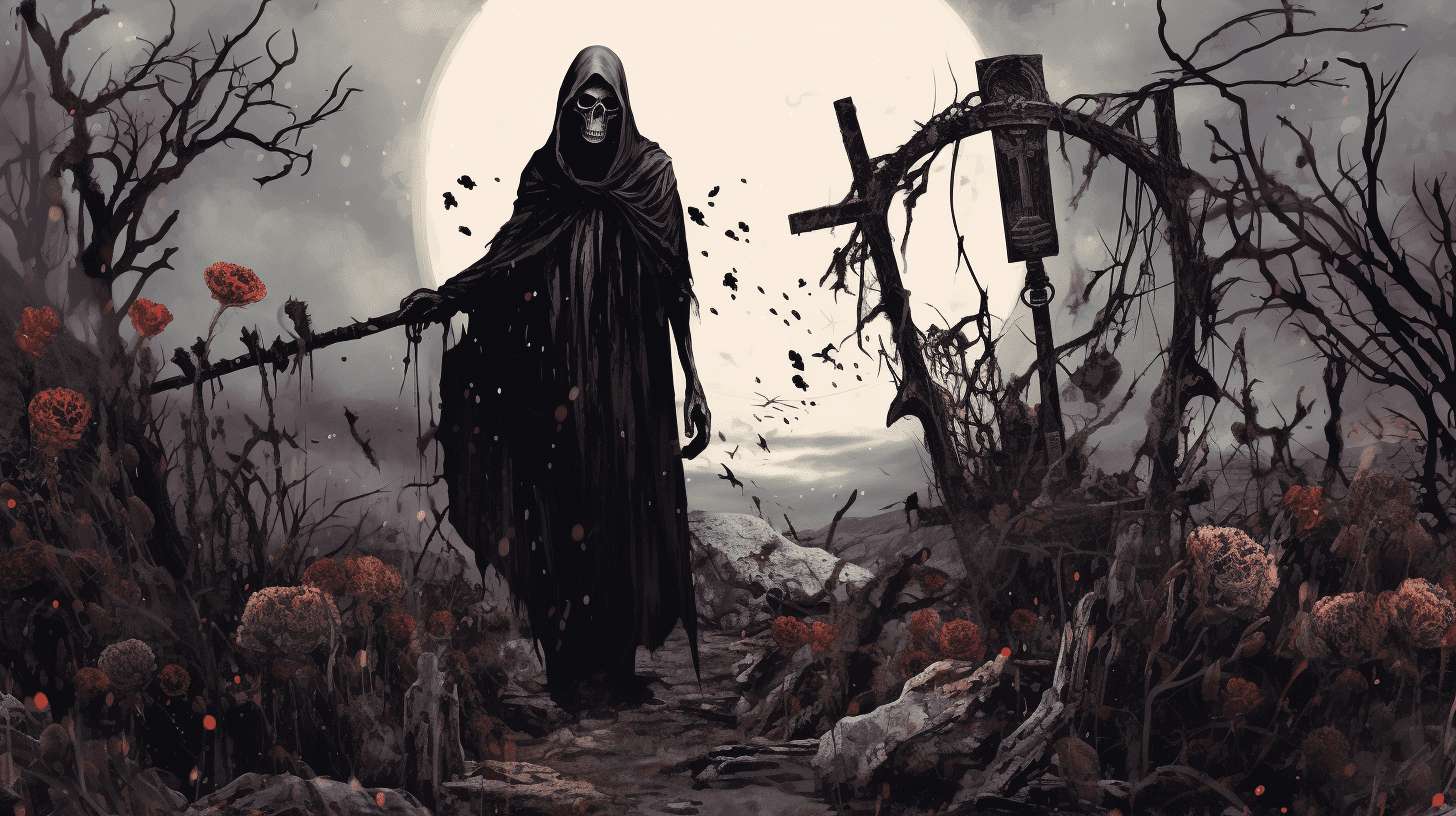 an image that depicts a skeletal figure wearing a tattered black cloak, one bony hand holding a scythe, standing in a desolate graveyard surrounded by withered flowers and crumbling tombstones.