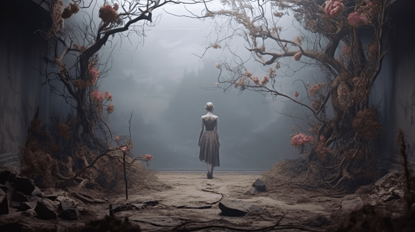 an image that portrays a solitary figure standing at the edge of an ethereal abyss, surrounded by wilting flowers and decaying leaves, symbolizing the finality of life.