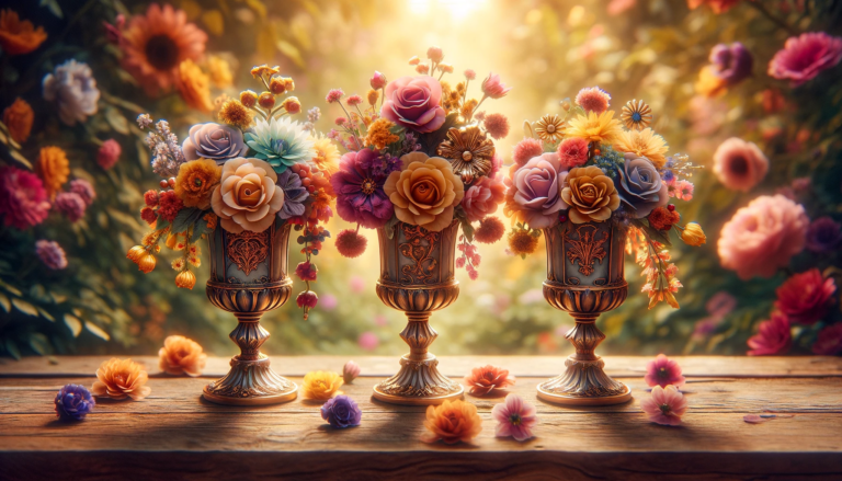 Three elegantly adorned chalices overflowing with an array of vibrant and diverse flowers arranged in a harmonious composition. Each chalice uniquel