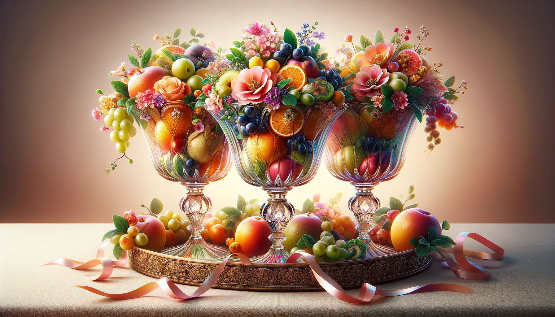 Three vibrant crystal clear cups filled to the brim with an array of luscious fruits and colorful flowers elegantly intertwined with delicate ribbon