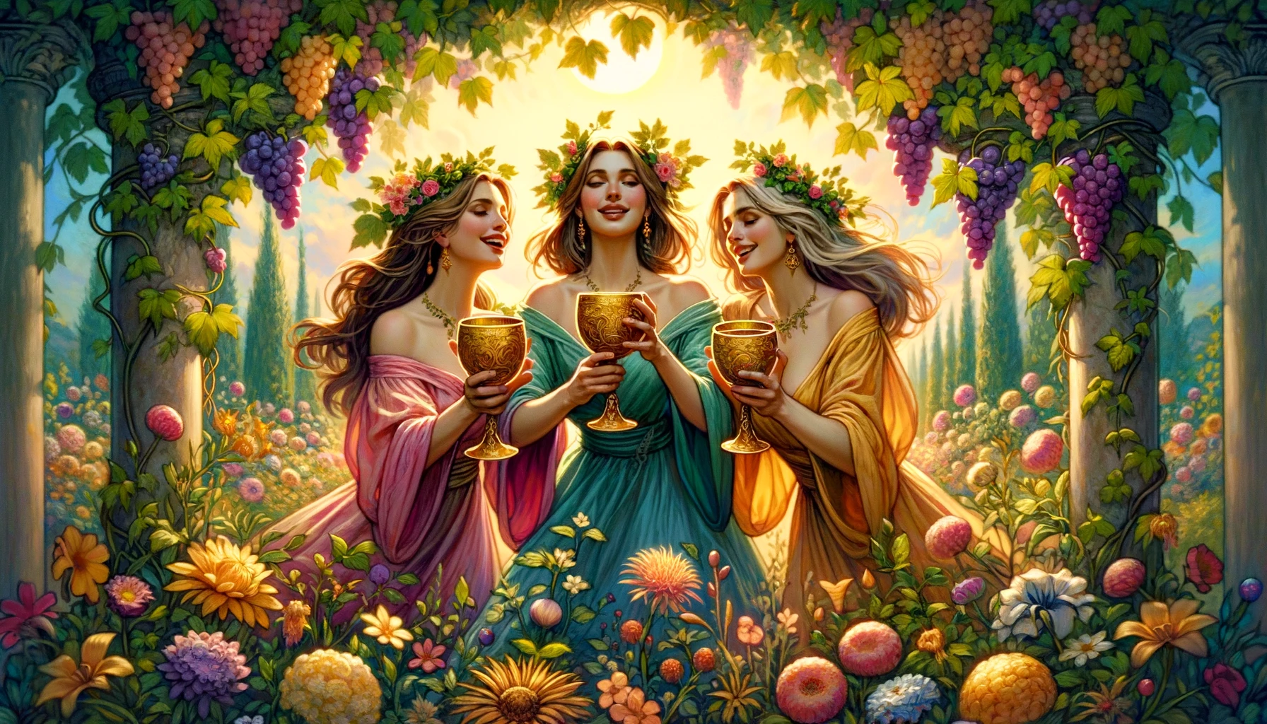 Three women in a lush garden each joyfully raising a golden chalice adorned with grapevines. Around them a vibrant array of flowers blooms symboliz