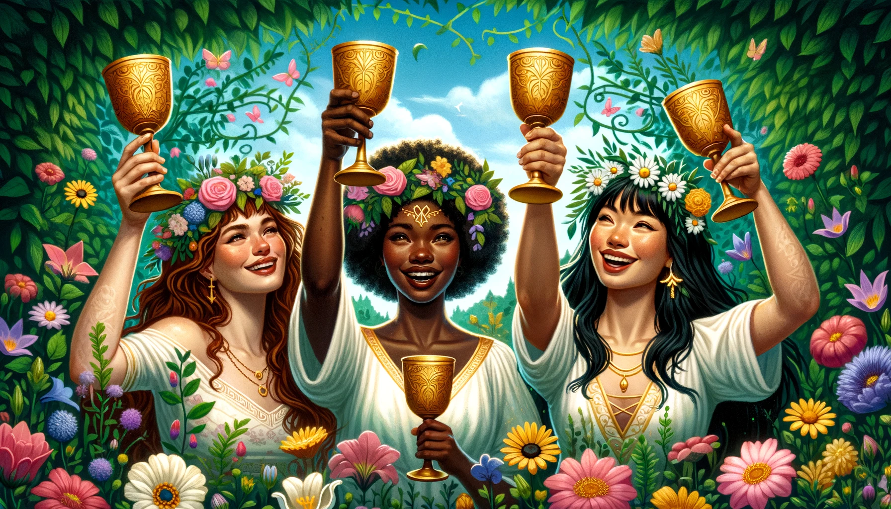 Three women of diverse ethnicities joyfully raising golden chalices in a lush garden. The first woman of Caucasian descent has long auburn hair and