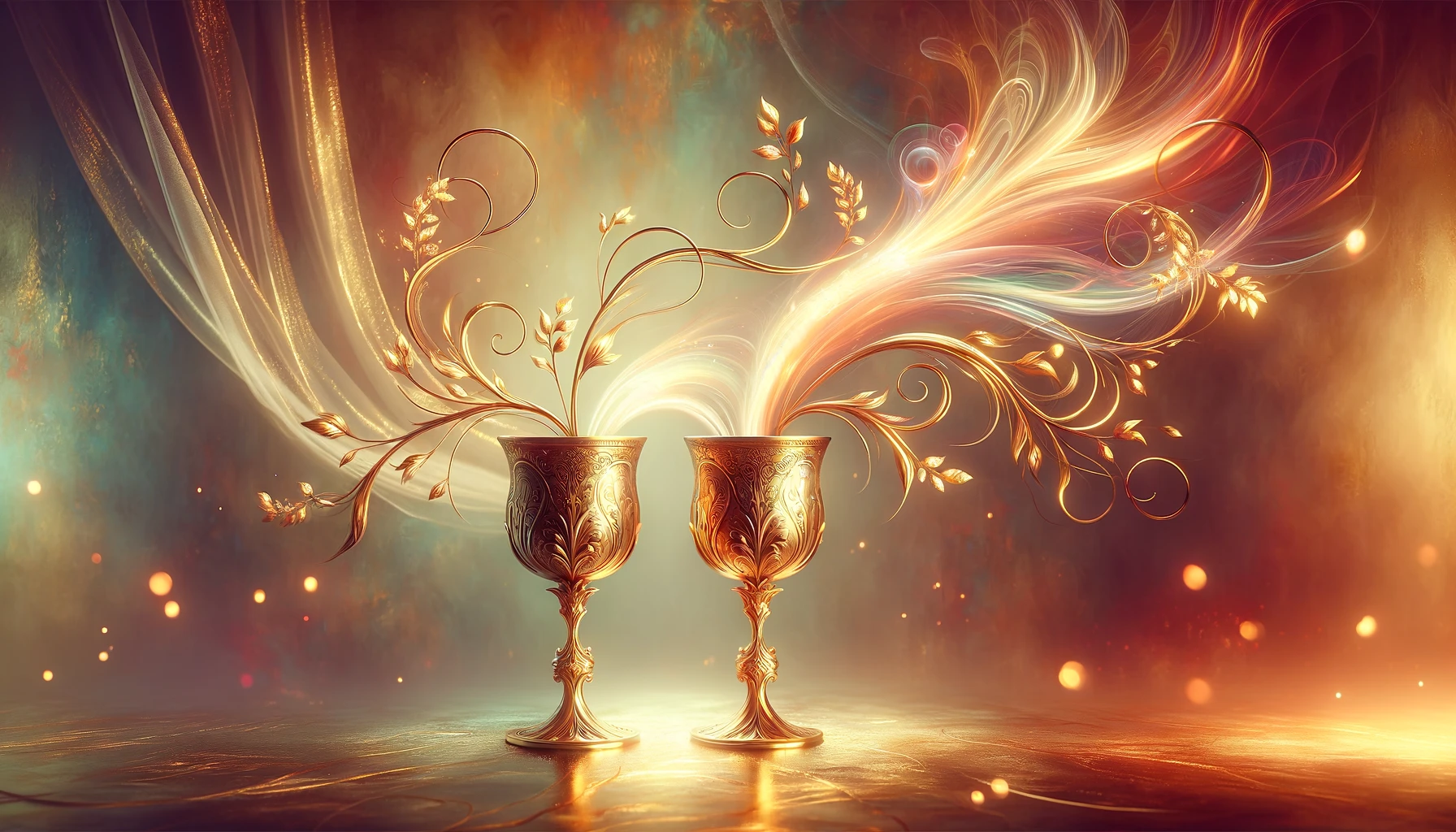Two elegant gold adorned chalices intertwined with delicate vines set in a romantic serene backdrop. The chalices overflow with vibrant swirling