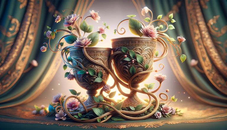 Two intricately designed cups entwined with delicate vines and adorned with blooming flowers creating an image of connection and harmony. The cups e