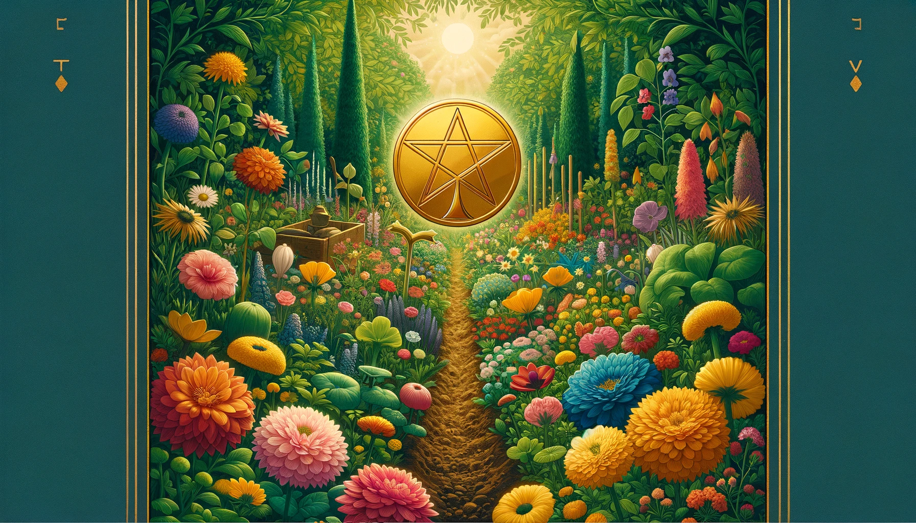a 169 image capturing the essence of the Ace of Pentacles from the Tarots Minor Arcana Depict a lush vibrant garden filled with a variety of blooming flowers representing fertil