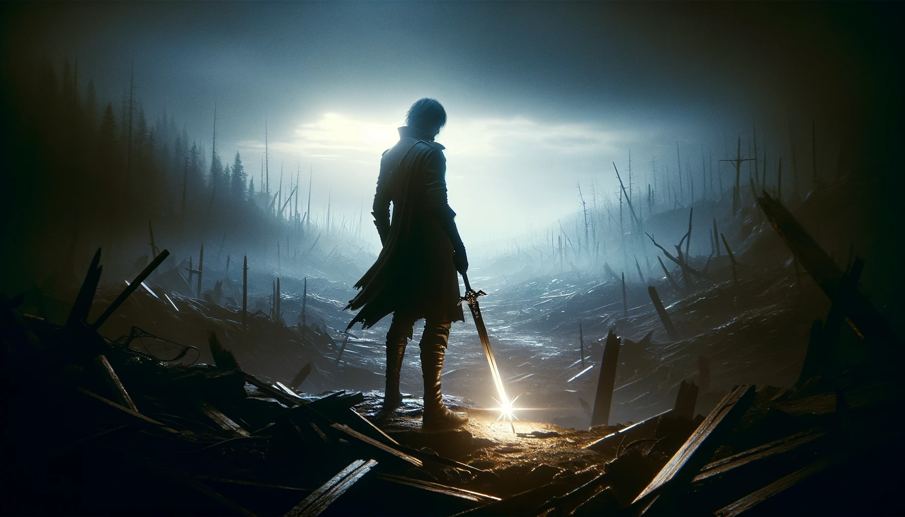 a 169 image featuring a solitary figure standing tall amidst a desolate battlefield The setting should be eerie and desolate with remnants of a recent battle visible in the back
