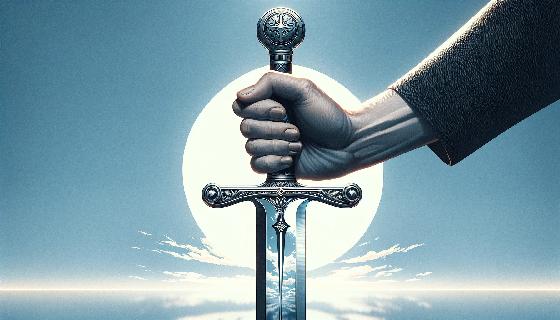 a 169 image featuring a solitary hand confidently gripping the Ace of Swords from the Tarot The hand should be depicted with a sense of determination and strength showcasing its