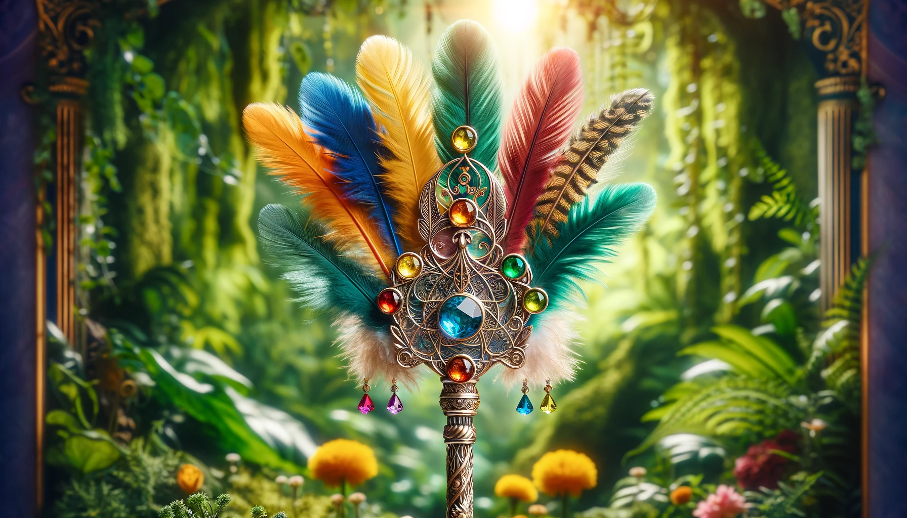 a 169 image featuring an intricately designed wand that embodies the energy and potential of the Ace of Wands tarot card The wand should be adorned with vibrant feathers in a va