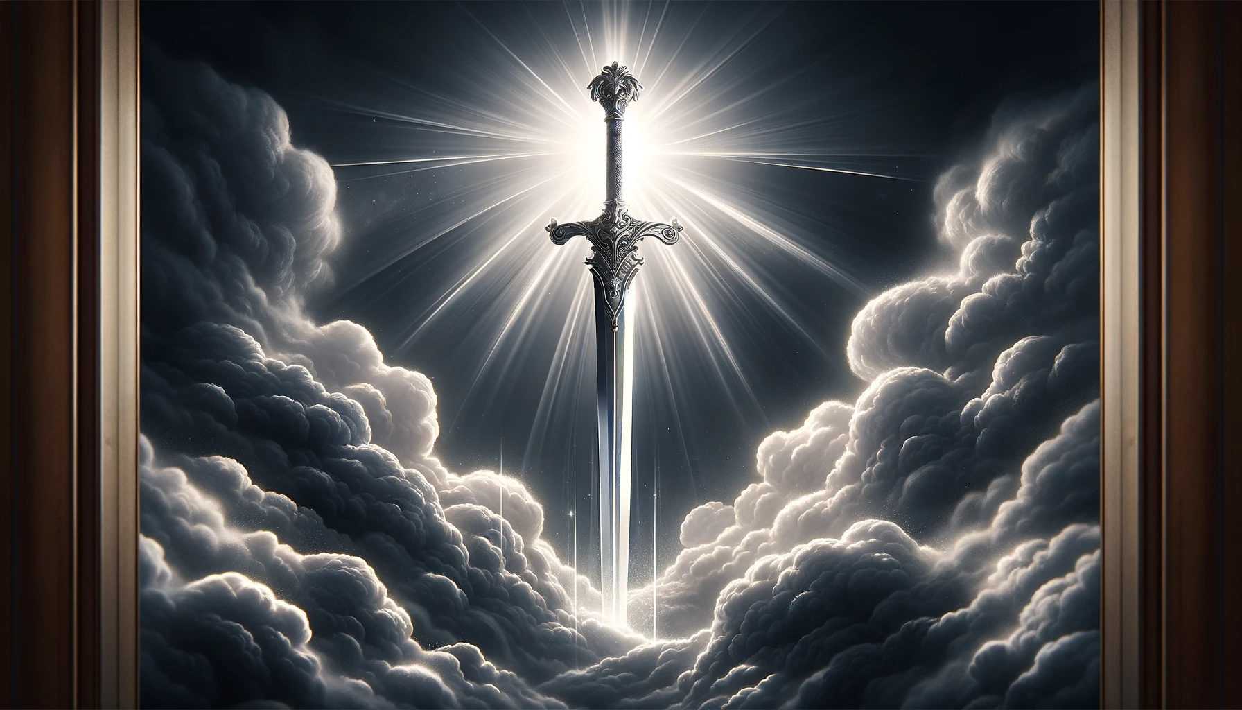 a 169 image featuring the Ace of Swords from the Tarot The central element should be a gleaming silver sword emerging triumphantly from a dark and stormy cloud The sword should