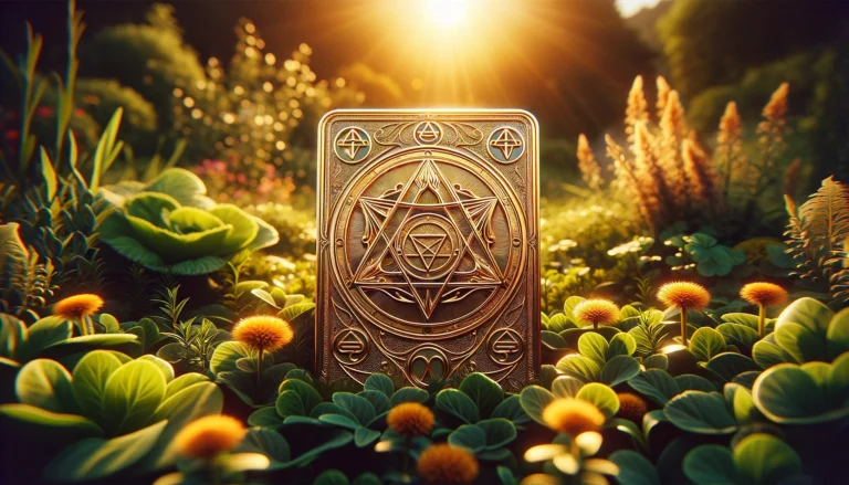 a 169 image of a visually striking intricately designed Ace of Pentacles This golden pentacle should be the central focus resting on a lush sunkissed garden The garden should be