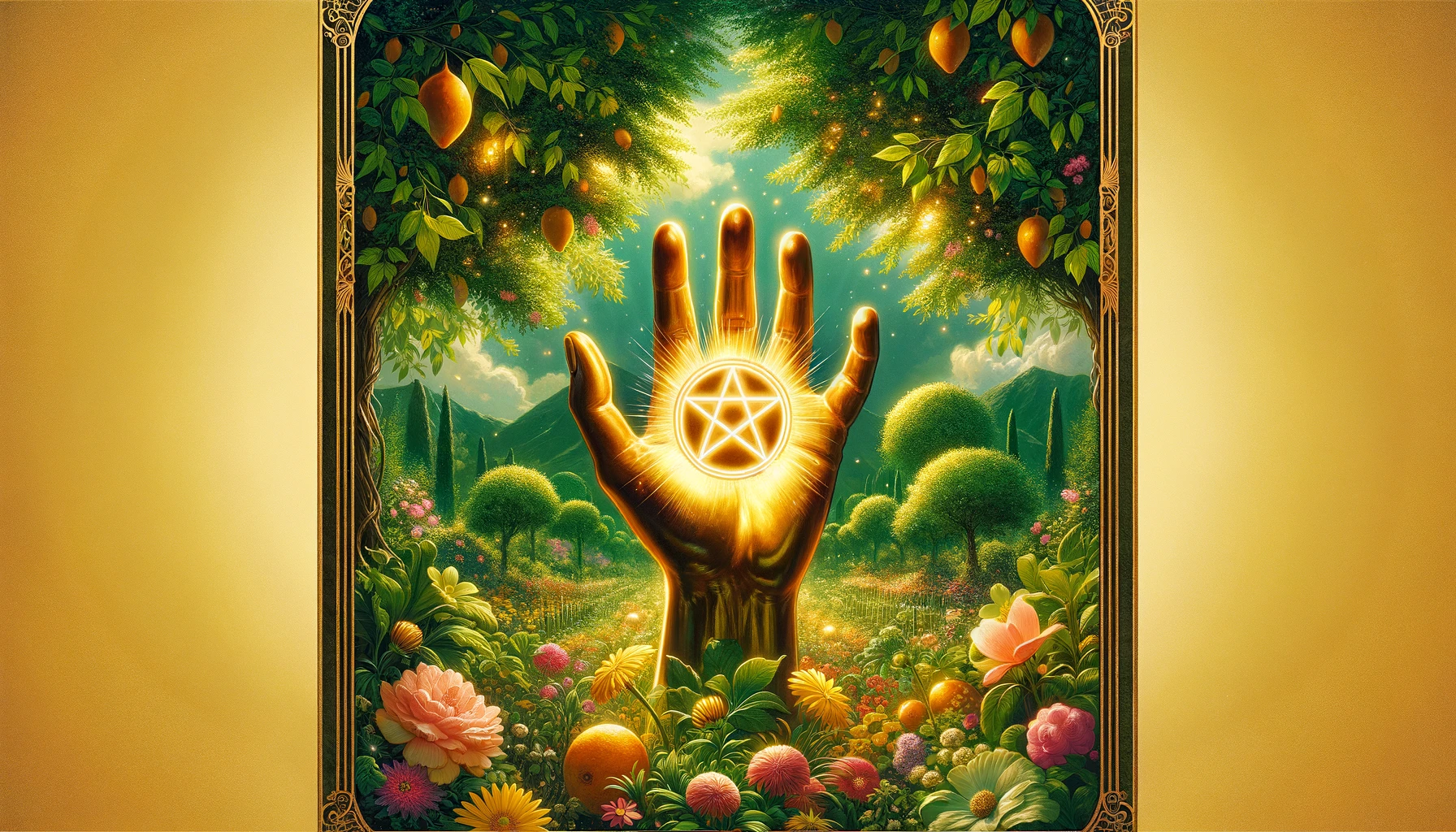 a 169 image showcasing the Ace of Pentacles tarot card The scene should feature a golden hand emerging gracefully from a lush vibrant garden The garden is teeming with greenery