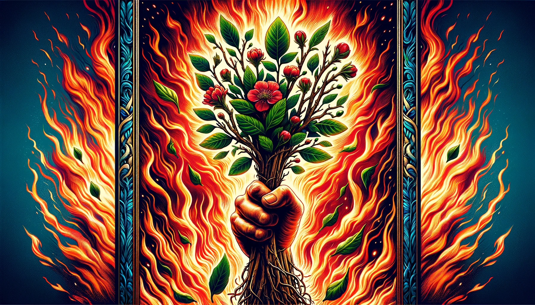 a 169 image showcasing the Ace of Wands tarot card The central element should be a hand emerging from a fiery inferno gripping a flourishing wand This wand is adorned with buddi