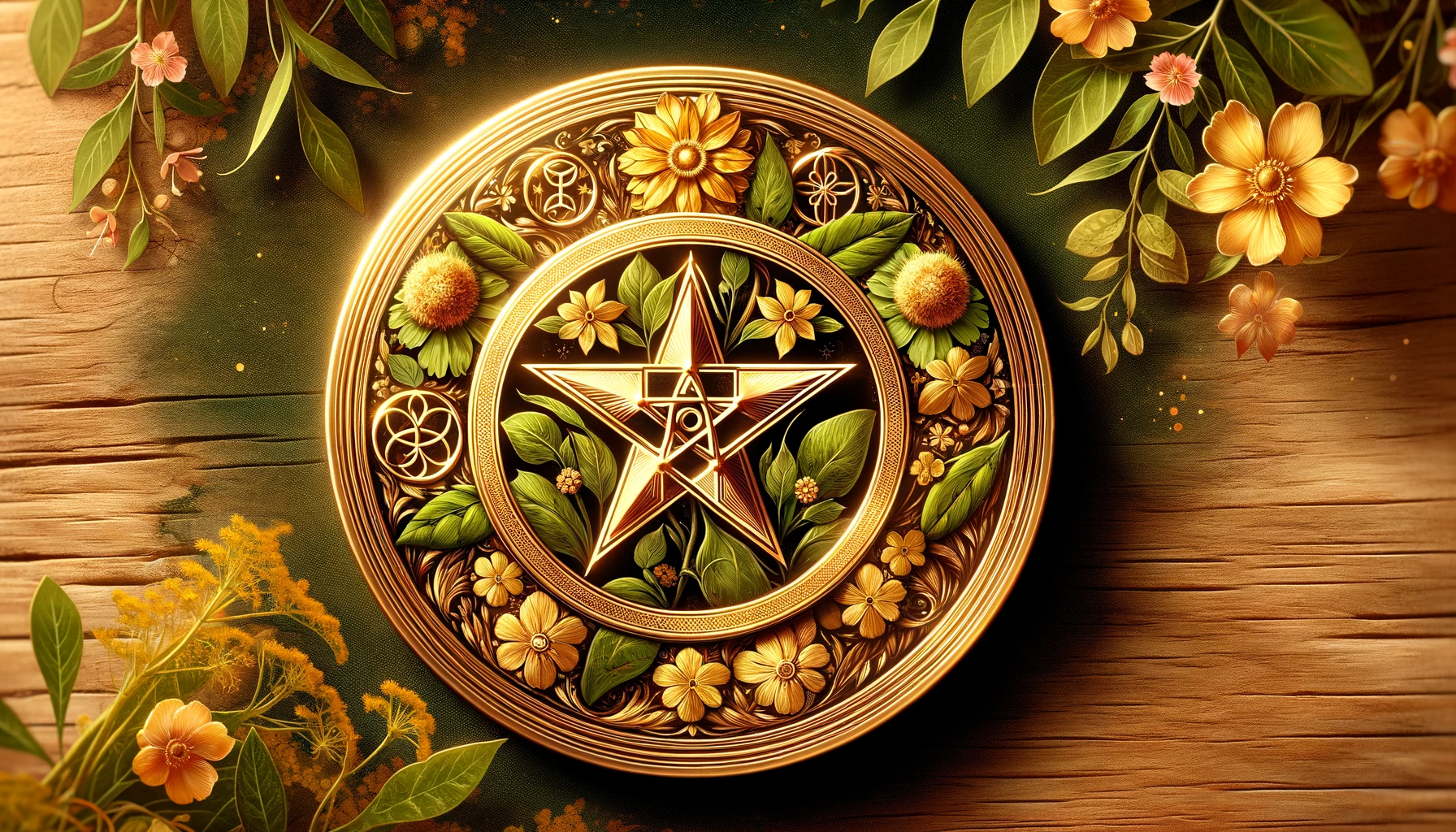 a 169 image that vividly showcases a golden pentacle the central symbol of the Ace of Pentacles tarot card The pentacle should be adorned with lush green leaves and an array of
