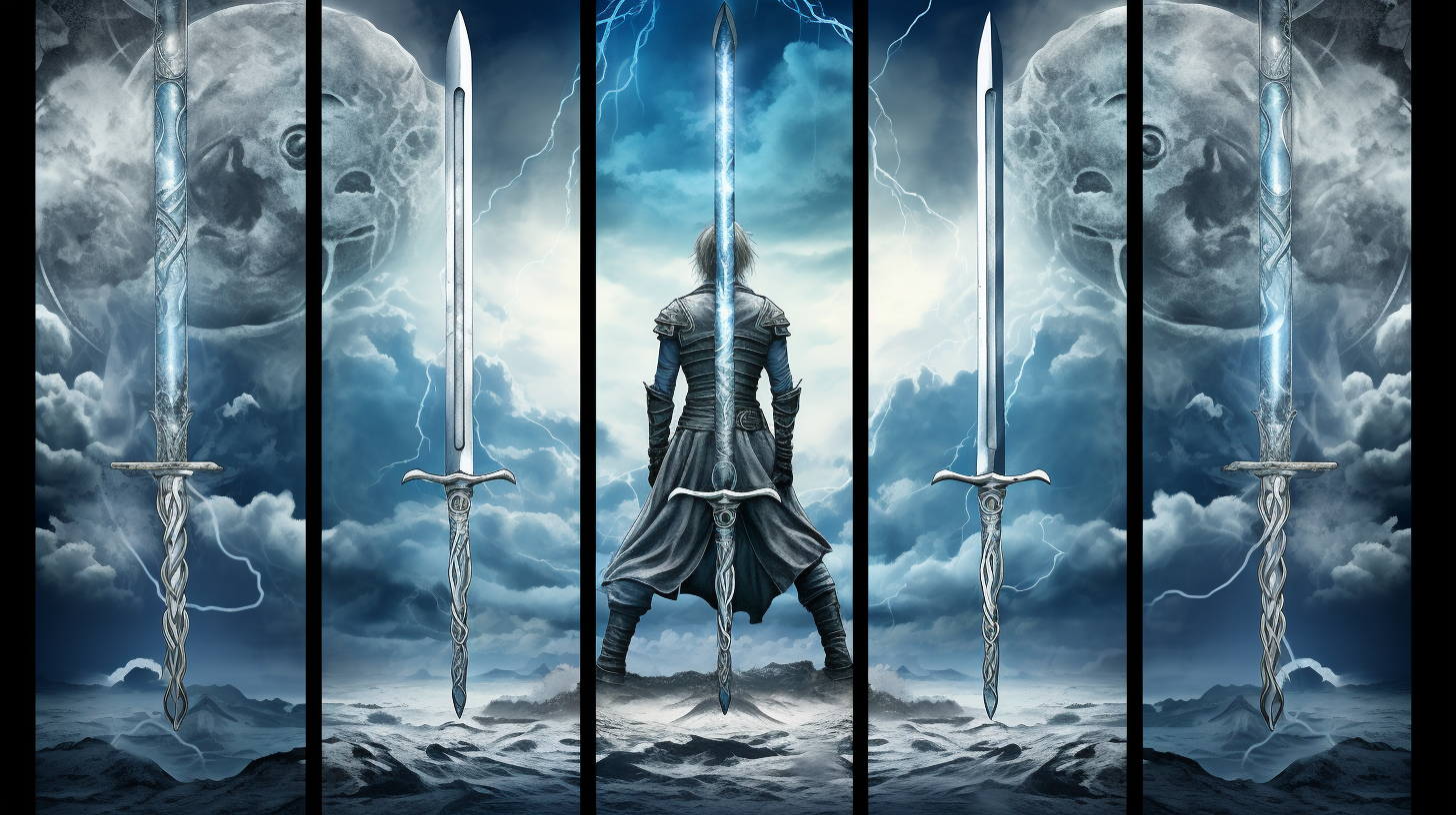 a photorealistic image inspired by the Minor Arcana Suit of Swords in tarot. Depict a solitary figure in a contemplative pose, surrounded by floating swords with intricate, ornate hilts. The background should be a mix of stormy clouds and flashes of lightning, conveying a sense of both intellectual clarity and inner turmoil. Use a cool color palette dominated by shades of blue and gray, and ensure the overall composition exudes a balance between the sharpness of the swords and the calmness of the figure