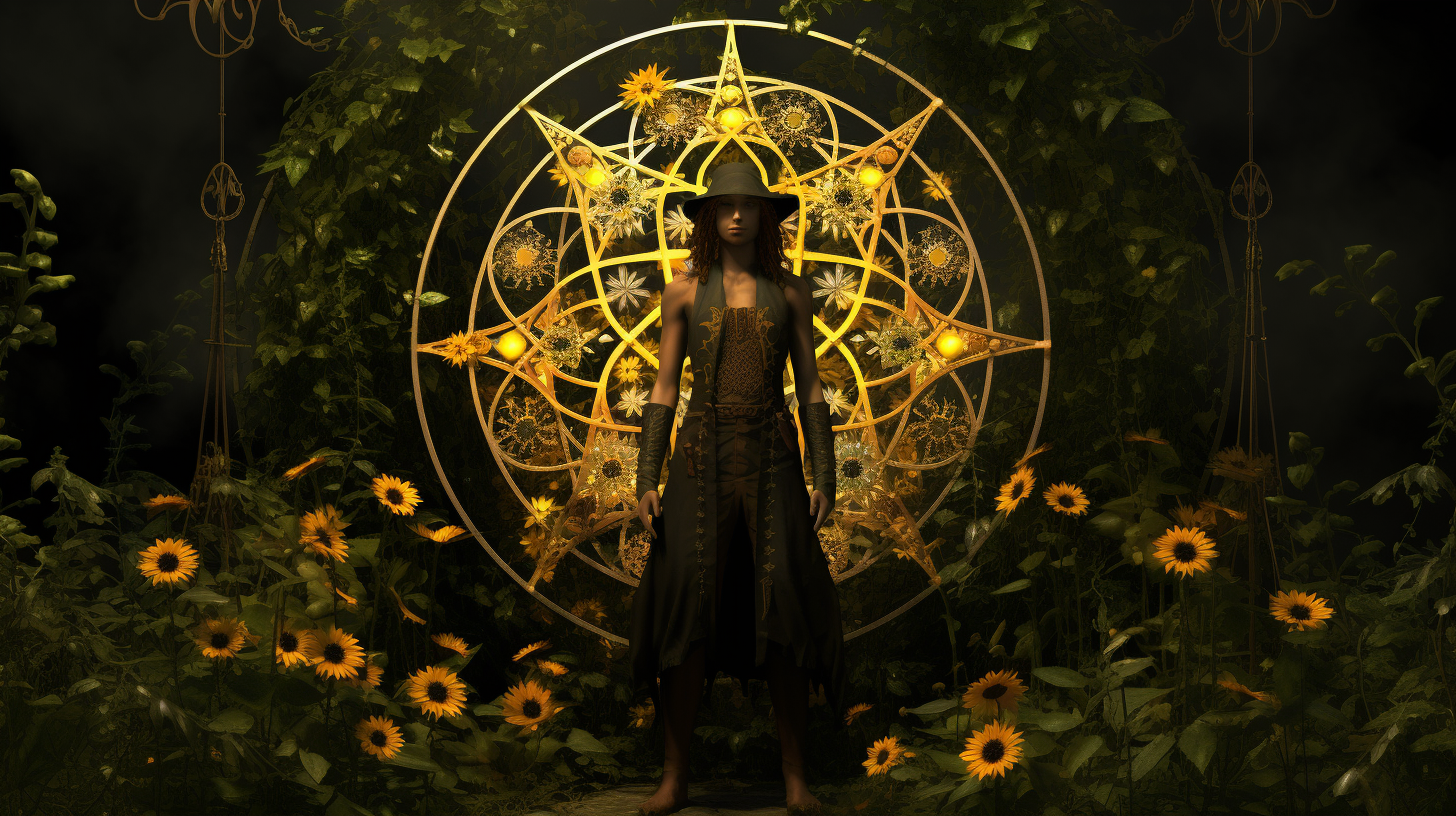 a photorealistic image representing the Pentacles suit from the Minor Arcana. Envision a lush garden filled with intricate, golden pentacle symbols scattered among vibrant flowers and foliage. The scene should convey a sense of earthly abundance and prosperity. The play of light and shadow should accentuate the textures of both the pentacles and the natural elements, creating a visually rich and harmonious composition. The overall mood should reflect the themes of material wealth, grounded energy, and the connection between the spiritual and material realms.