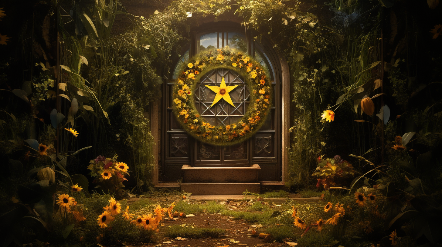 a photorealistic image representing the Pentacles suit from the Minor Arcana. Envision a lush garden filled with intricate, golden pentacle symbols scattered among vibrant flowers and foliage. The scene should convey a sense of earthly abundance and prosperity. The play of light and shadow should accentuate the textures of both the pentacles and the natural elements, creating a visually rich and harmonious composition. The overall mood should reflect the themes of material wealth, grounded energy, and the connection between the spiritual and material realms.
